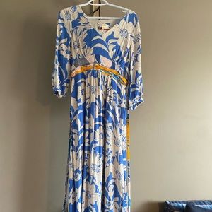 Maeve from Anthropologie maxi dress. Blue and white floral pattern w/yellow tie.